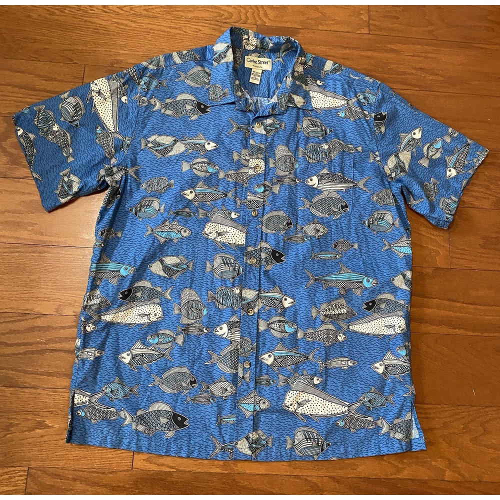 Cooke Street Hawaiian Shirt XL Fish All Over Print artsy Vintage Cotton
